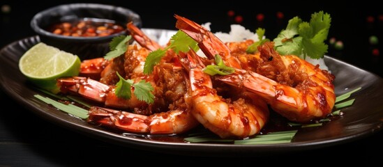 A black plate filled with succulent shrimp and fluffy rice, garnished with chili sauce and lime slices. This dish is served in a restaurant setting, showcasing a delicious and vibrant seafood meal.
