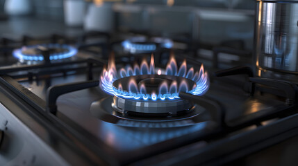 A close-up view of a gas burner with a blue flame on a domestic stove.