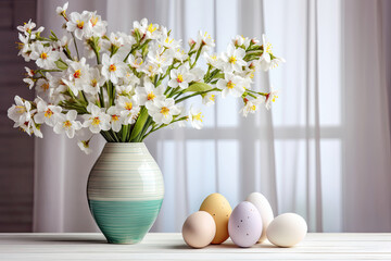 Easter Eggs and Vase of Flowers on Dining Table. Window Background, Home Interior Design for Happy Easter Sunday Celebration