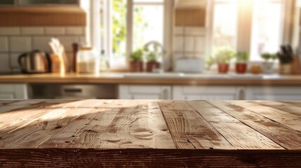 Wooden table top with copy space. Cozy kitchen background