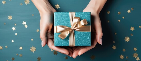 A person with blue manicured hands is holding a blue gift box adorned with a gold bow. The box is likely intended for New Years or Christmas celebrations. - obrazy, fototapety, plakaty