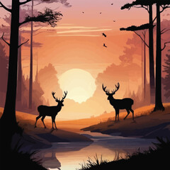 Forest trees silhouettes, deer animal and duck flock, hunting sport. Vector nature landscape or wildlife scene background with pine woods and fallen tree trunk in fog, wild deer, flying birds in sky