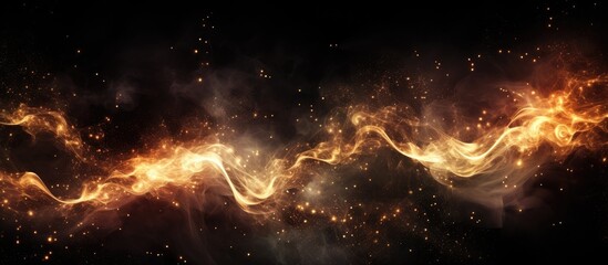 Dark background showcasing swirling patterns of vibrant yellow and orange resembling fire flames with sparks, creating a dynamic and intense visual effect.