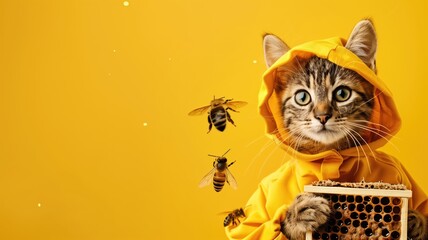 Cat in beekeeper suit with bees on a vibrant yellow background - obrazy, fototapety, plakaty