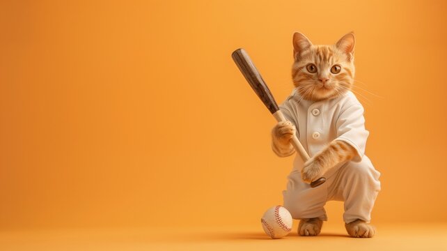 Ginger cat dressed as a baseball player with bat on yellow