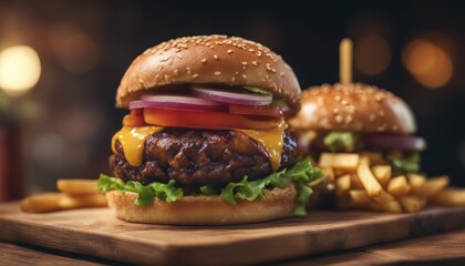 Grilled gourmet burger on rustic table ready to eat with fries