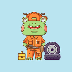 Cute frog mechanic with tool at workshop cartoon animal character mascot icon flat style illustration concept