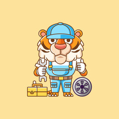 Cute tiger mechanic with tool at workshop cartoon animal character mascot icon flat style illustration concept