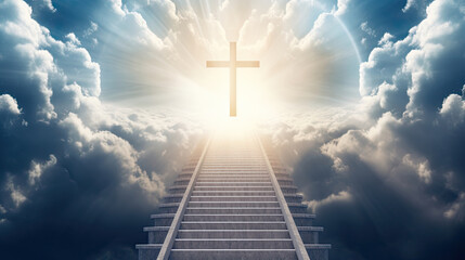 Cross in the Sky. Sunlight Ray Glowing, Stairway to Heaven. Entrance to Heaven with Skies and Clouds Easter Sunday Banner - obrazy, fototapety, plakaty