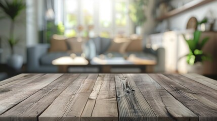 Wooden table top with copy space. Living room background