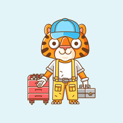 Cute tiger mechanic with tool at workshop cartoon animal character mascot icon flat style illustration concept