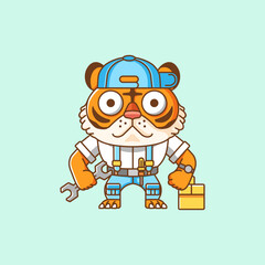 Cute tiger mechanic with tool at workshop cartoon animal character mascot icon flat style illustration concept