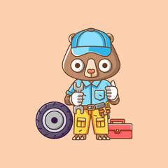 Cute bear mechanic with tool at workshop cartoon animal character mascot icon flat style illustration concept 1