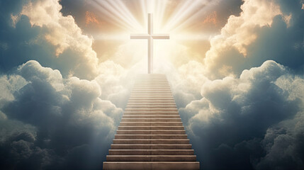 Cross in the Sky. Sunlight Ray Glowing, Stairway to Heaven. Entrance to Heaven with Skies and...