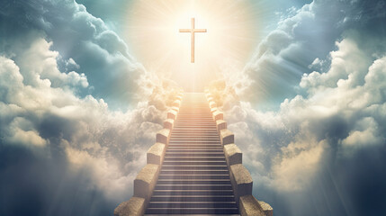 Cross in the Sky. Sunlight Ray Glowing, Stairway to Heaven. Entrance to Heaven with Skies and...