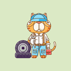 Cute cat mechanic with tool at workshop cartoon animal character mascot icon flat style illustration concept