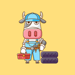 Cute cow mechanic with tool at workshop cartoon animal character mascot icon flat style illustration concept