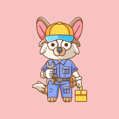 Cute dog mechanic with tool at workshop cartoon animal character mascot icon flat style illustration concept
