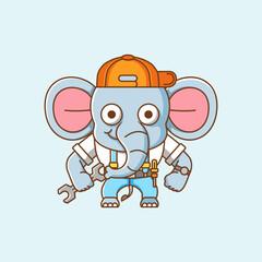 Cute elephant mechanic with tool at workshop cartoon animal character mascot icon flat style illustration concept