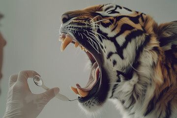 Strength and Mercy: A Man Treating an Evil Tiger - obrazy, fototapety, plakaty