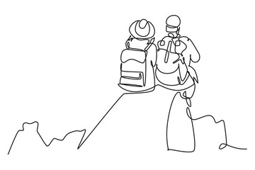temContinuous one line drawing of couple hiker enjoying the view from the top of the mountain. Business, success, leadership, achievement and goal concept. Single line drap - new design 6000 x 4000 px