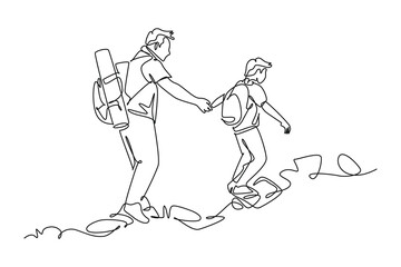 temp - newContinuous one line drawing group of father and son helping each other hike up a mountain. Business, success, leadership, achievement and goal concept. Single line draw design 6000 x 4000 px - obrazy, fototapety, plakaty