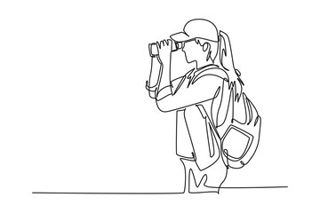 temp - new desContinuous one line drawing female traveler using binoculars while hike up a mountain. Business, success, leadership, achievement and goal concept. Single line draw design 6000 x 4000 px - obrazy, fototapety, plakaty