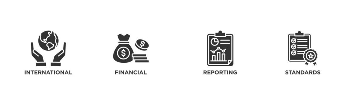 IFRS banner web icon illustration concept for international financial reporting standards with icon of global, network, money, documents, books, and writing	