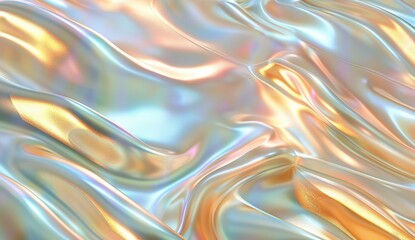 3D render of a holographic iridescent abstract background with wavy fluid lines,gold pastel colors, in the style of a hologram generative ai