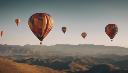 Obraz premium long shot of multi-colored hot air balloons floating above the mountains