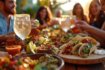 People Enjoying Tacos and Margaritas, Embracing Mexican Culinary Culture, Margarita and Taco Fiesta Concept - obrazy, fototapety, plakaty