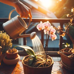a woman's hand is watering orchids on the terrace of the house. sunny morning. warm feel. macro camera. full hd. ultra realistic. - obrazy, fototapety, plakaty