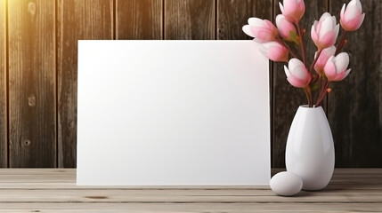 Easter Greeting Card. Vase of Tulip Flowers and Eggs on Wooden Table and luxury background. White Blank Page Mockup with Copy Space for Banner or Poster.