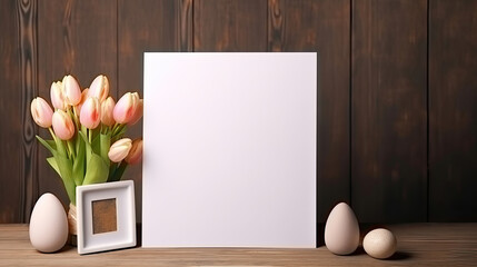 Fototapeta na wymiar Easter Greeting Card. Vase of Tulip Flowers and Eggs on Wooden Table and luxury background. White Blank Page Mockup with Copy Space for Banner or Poster.