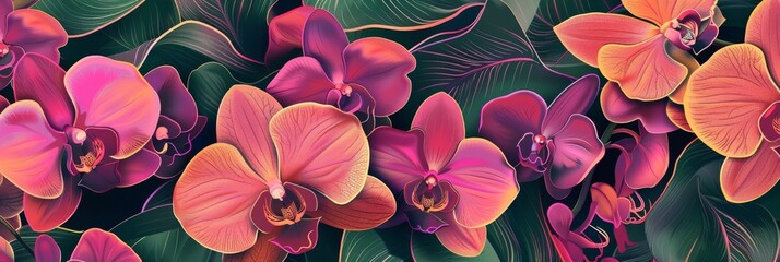 Background Texture Pattern Cel-Shaded Exotic Orchids showcasing the exotic beauty of orchids - Variety of orchid species in vibrant colors created with Generative AI Technology