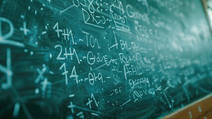 Complex math equations written on a dusty chalkboard