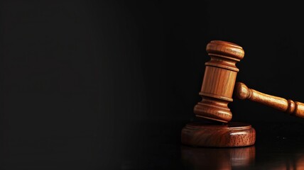 A judge's gavel lies on a dark background, symbolizing law and order - obrazy, fototapety, plakaty