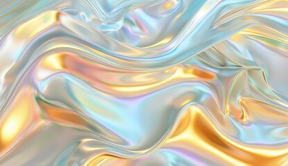 Obraz premium 3D render of a holographic iridescent abstract background with wavy fluid lines,gold pastel colors, in the style of a hologram generative ai