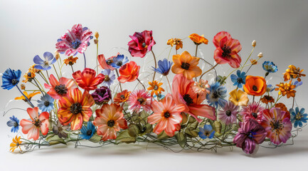 Colorful floral sculptures spread out in a horizontal display,ai generated