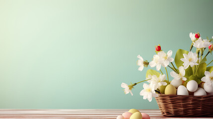Fototapeta na wymiar Bouquet of Cherry Flowers: Easter Egg Basket on Light Blue Background. Colorful Autumn Spring Flowers with Copy Space.