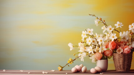 Bouquet of Cherry Flowers: Easter Egg Basket on Light Blue Background. Colorful Autumn Spring Flowers with Copy Space.