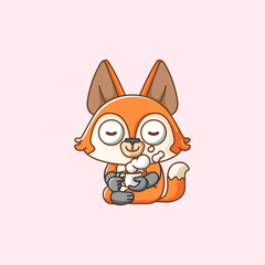 Cute fox relax with a cup of coffee cartoon animal character mascot icon flat style illustration concept