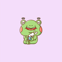 Cute frog relax with a cup of coffee cartoon animal character mascot icon flat style illustration concept