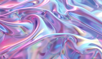 Obraz premium 3D render of a holographic iridescent abstract background with wavy fluid lines,soft blue pastel colors, in the style of a hologram generative ai