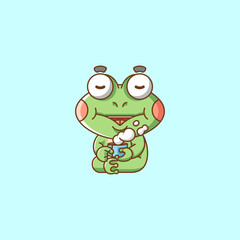 Cute frog relax with a cup of coffee cartoon animal character mascot icon flat style illustration concept