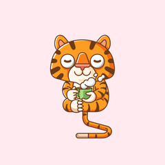 Cute tiger relax with a cup of coffee cartoon animal character mascot icon flat style illustration concept
