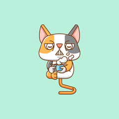 Cute cat relax with a cup of coffee cartoon animal character mascot icon flat style illustration concept