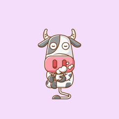 Cute cow relax with a cup of coffee cartoon animal character mascot icon flat style illustration concept