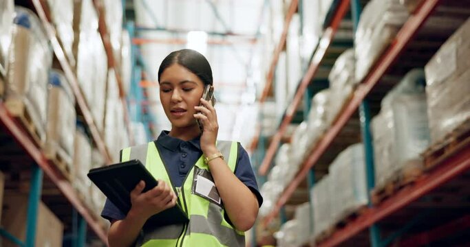 Woman, phone call and tablet in warehouse for logistics, distribution and contact with supplier for inventory management. Talk, communication and inspection with digital checklist and quality control