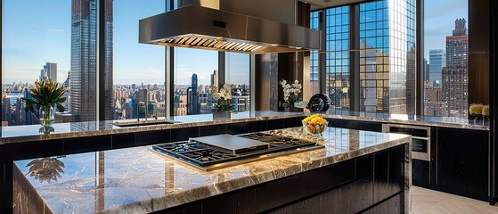 Rangehood over stove at countertop with large marble island in spacious black kitchen with bright windows at modern penthouse - obrazy, fototapety, plakaty